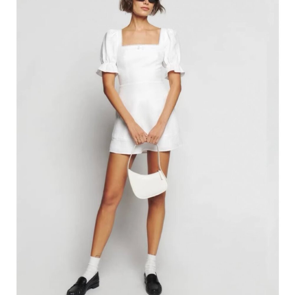 BEST Reformation Evianna Linen Mini Dress Sz0/2/4 White Classic French - Picture 2 of 12